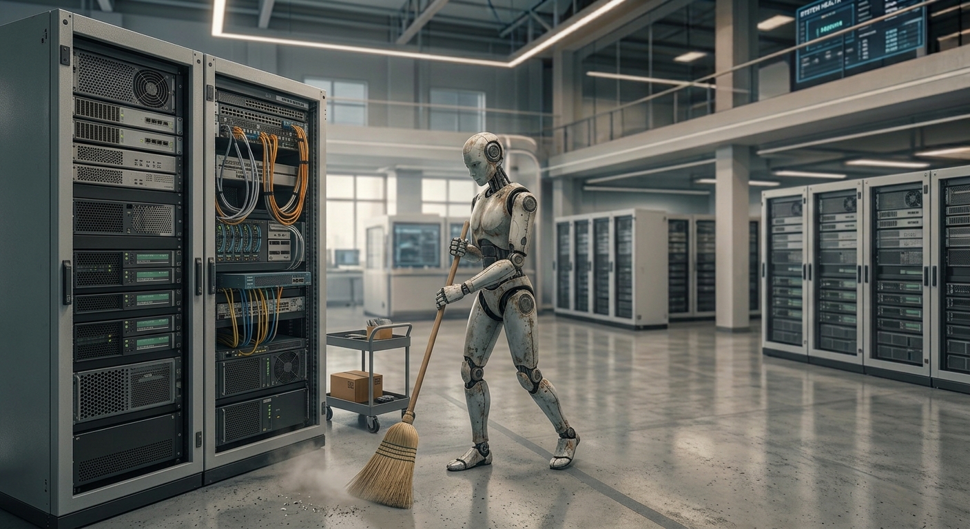 Humanoid robot cleaning the floor of a data center