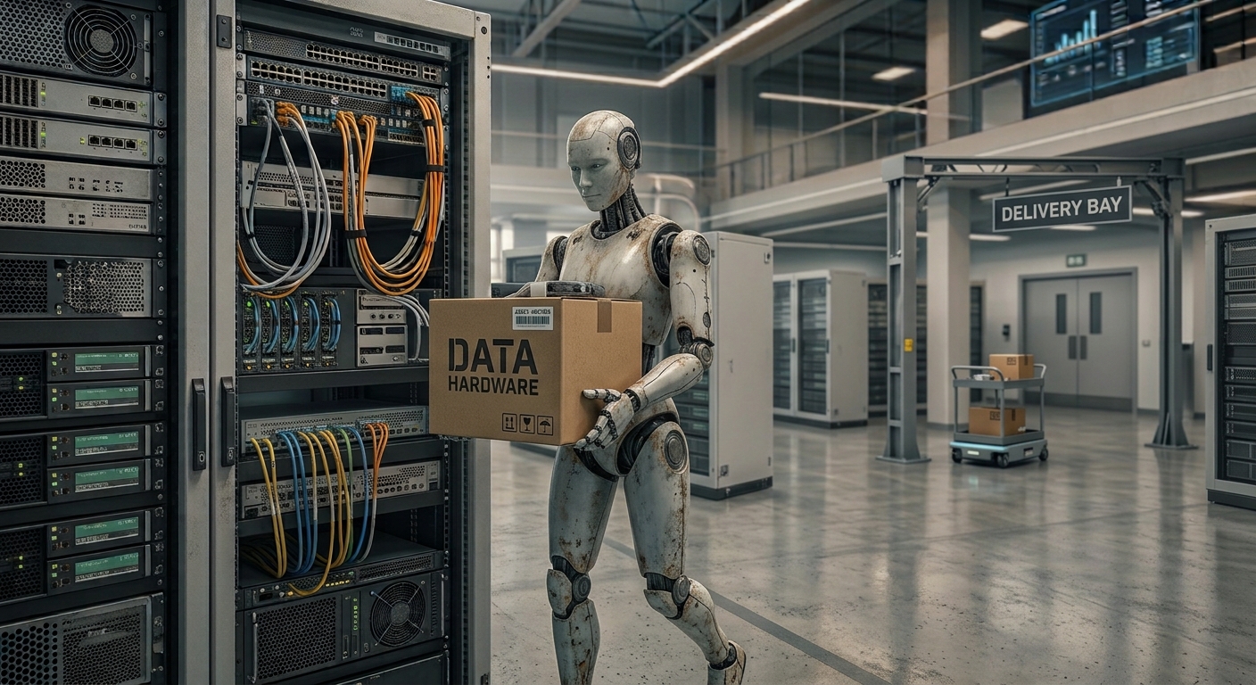Humanoid robot delivering a data hardware box through a server facility