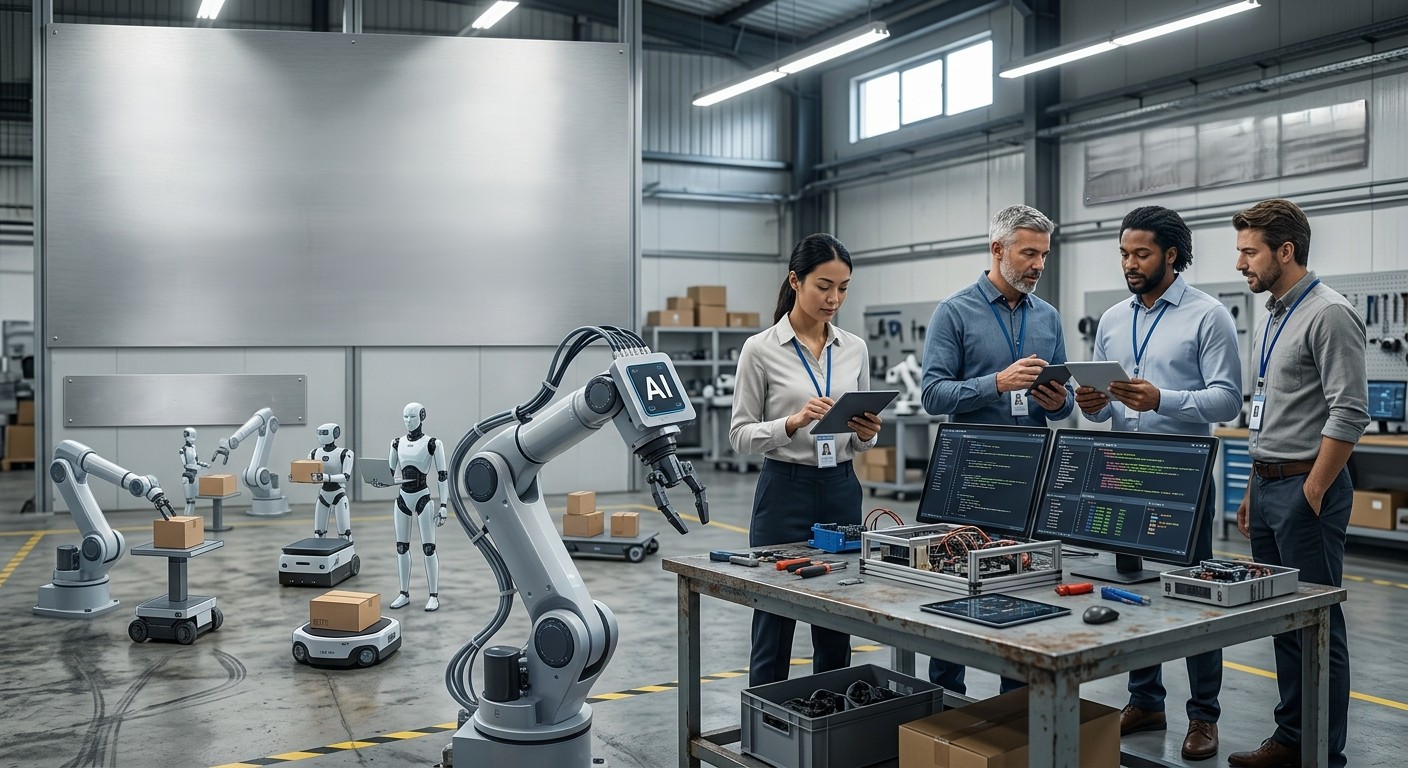 Nexgen Robots Virtual Workforce: robot fleet on the left and a skill development team on the right