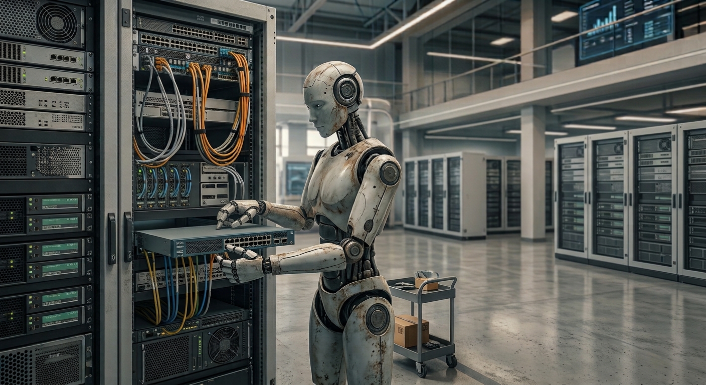 Humanoid robot installing rack hardware in a data center