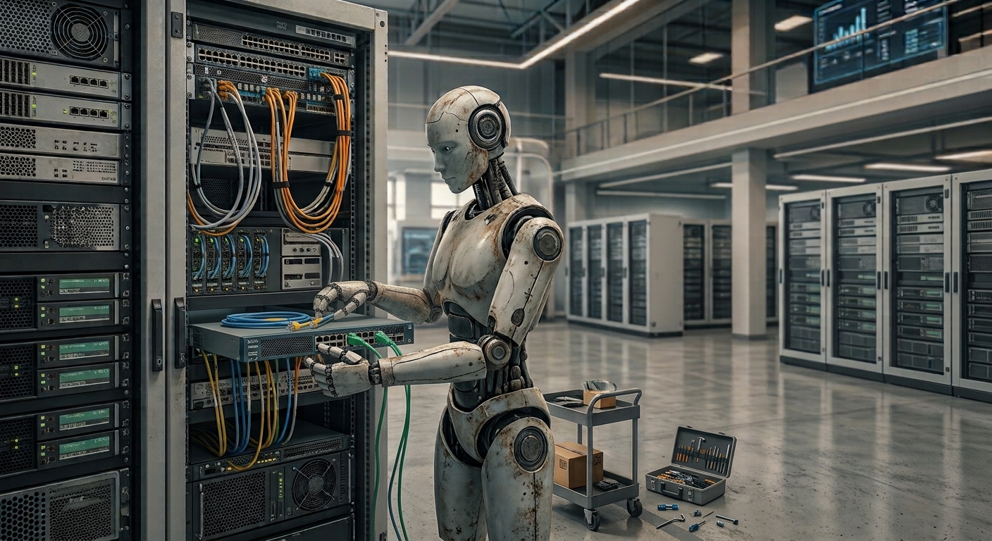 Humanoid robot repairing network cabling in a server rack