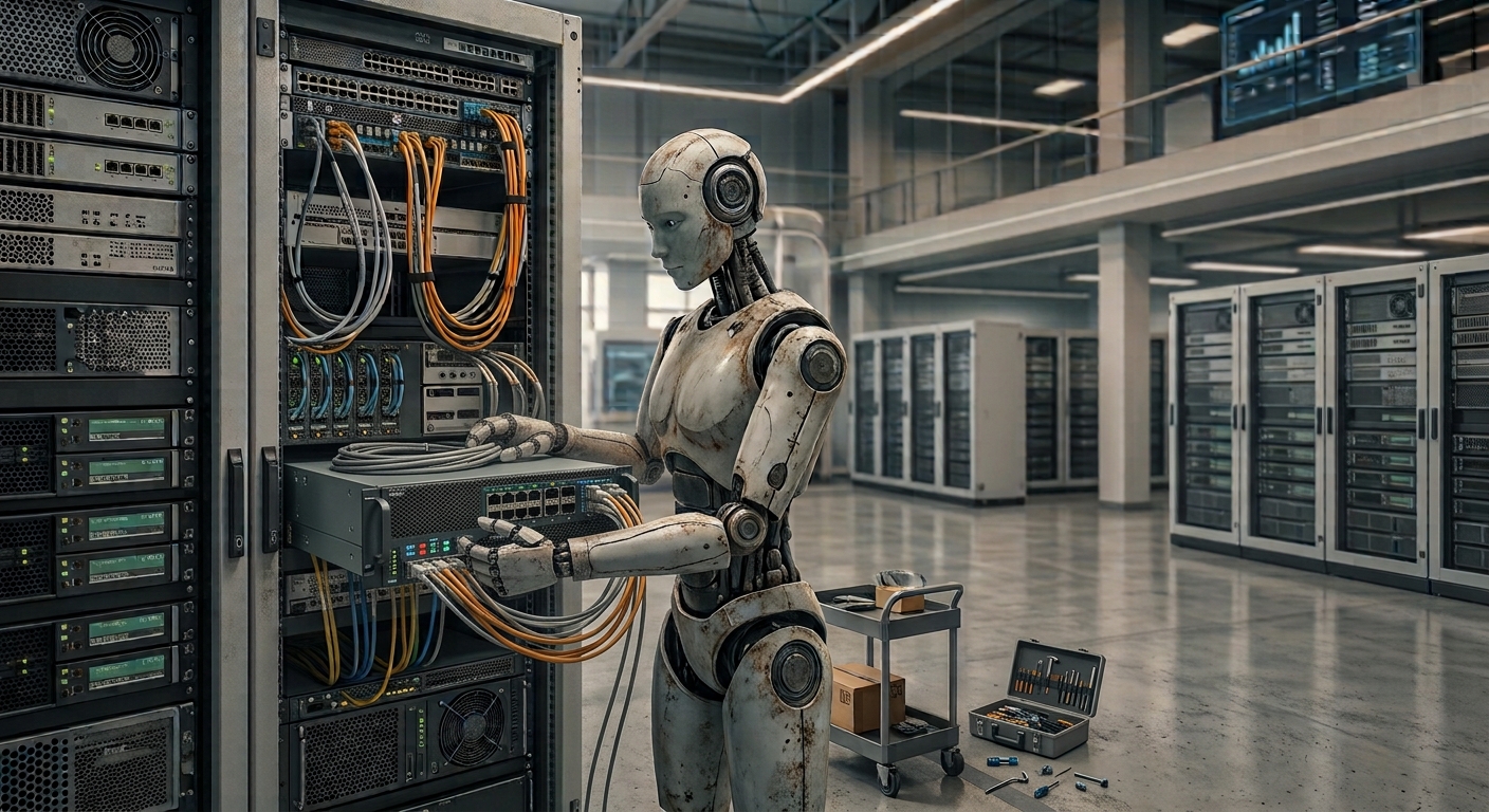 Humanoid robot replacing a rack unit and reconnecting cables